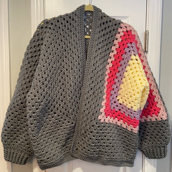 Handmade Sweaters - Handmade Crochet Granny Square One Size Cozy Cardigan Boho Chunky Knit Sweater